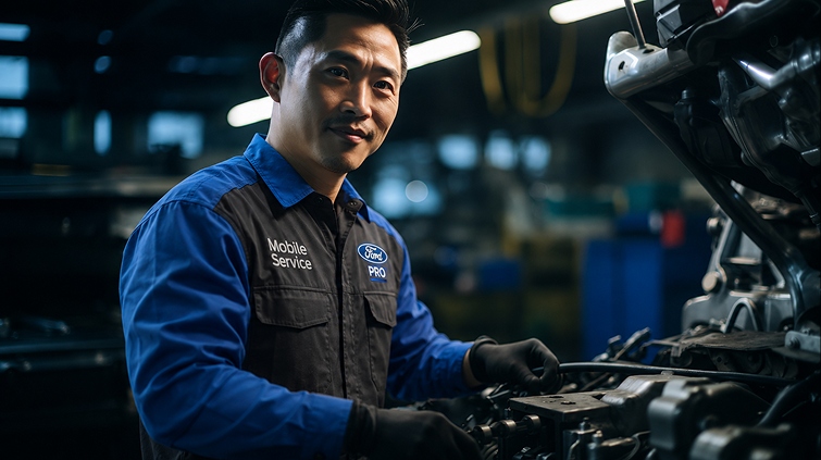 Technician inspecting a tire in the service bay